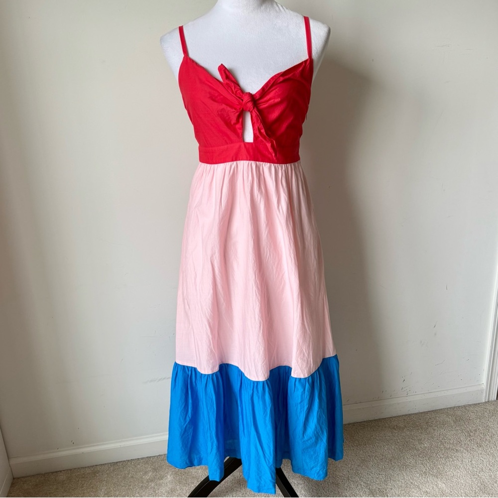 J. CREW Cotton Color-Block Tie Front Tiered Midi Dress—SZ. 2